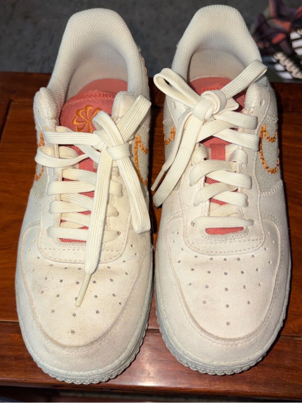 Cream Suede Sneakers with Pink Tongue and Orange Embroidery